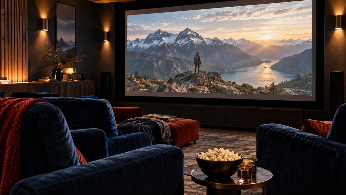 Hjemmekino med lerret og sitteplasser — iptvnorgemax Neste episode