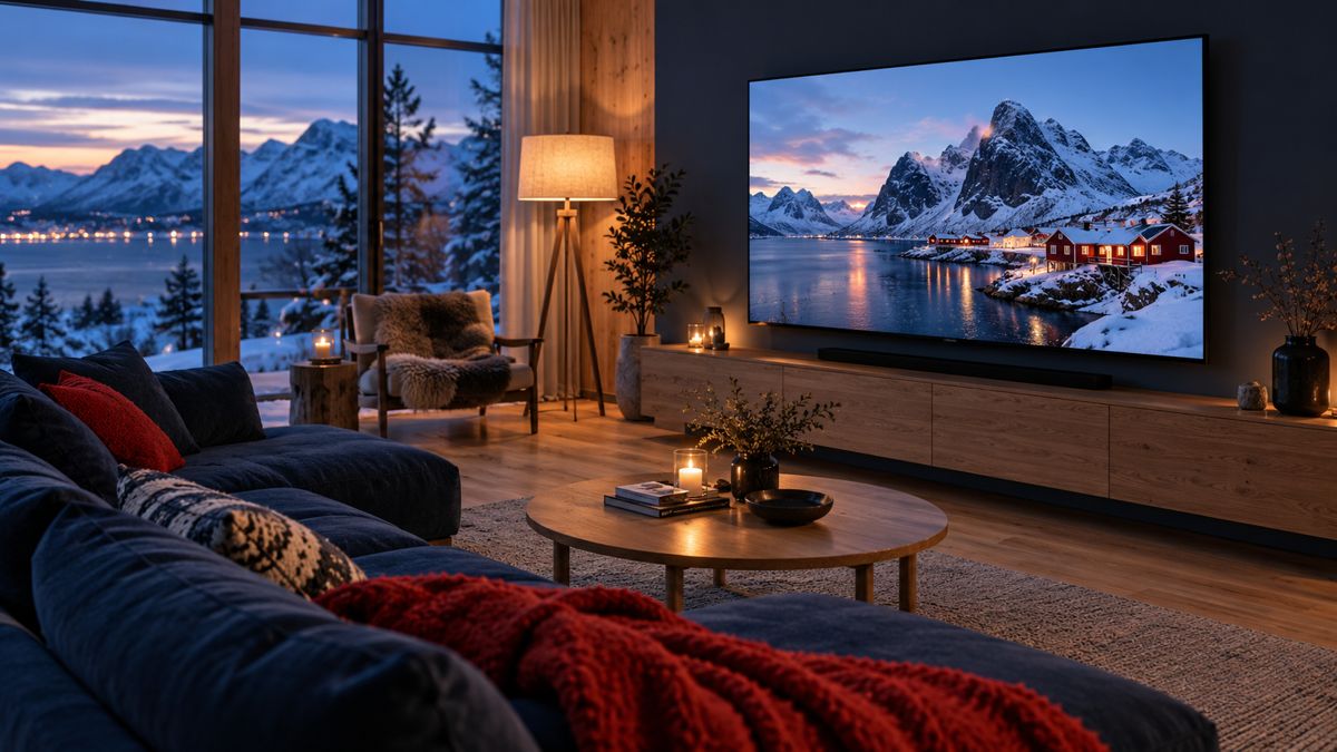 Skandinavisk stue med TV og sittegruppe — iptvnorgemax IPTV Norge