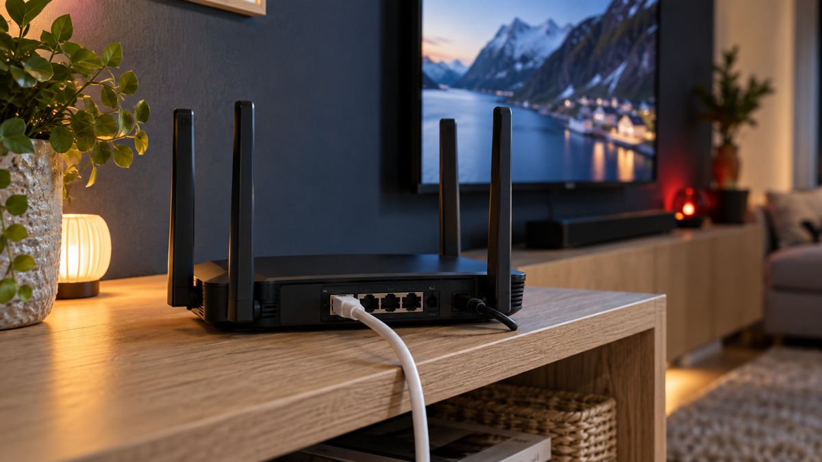 Ruter med tilkoblet Ethernet-kabel ved en TV — iptvnorgemax Nettverk og stabilitet