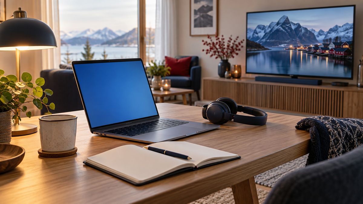 Skrivebord med laptop, notatbok og hodetelefoner — iptvnorgemax IPTV refusjon